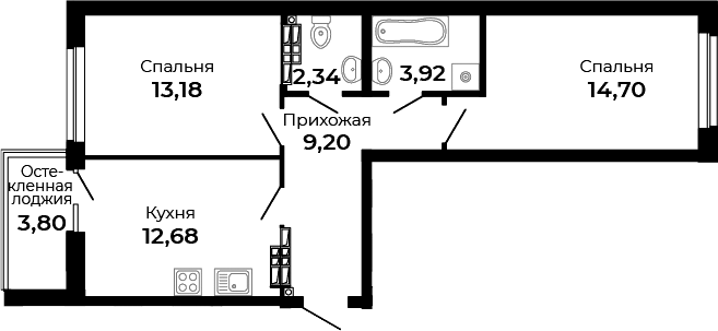Планировка — Есенин, 2-комн., 56 м²