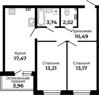 Планировка — Есенин, 2-комн., 61 м²