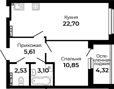 Планировка — Есенин, 1-комн., 45 м²
