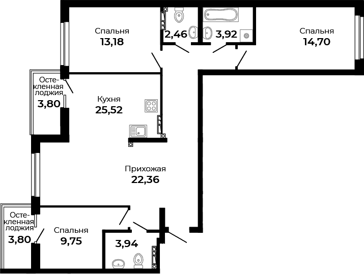 Планировка — Есенин, 3-комн., 96 м²