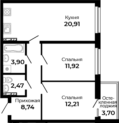 Планировка — Есенин, 2-комн., 60 м²