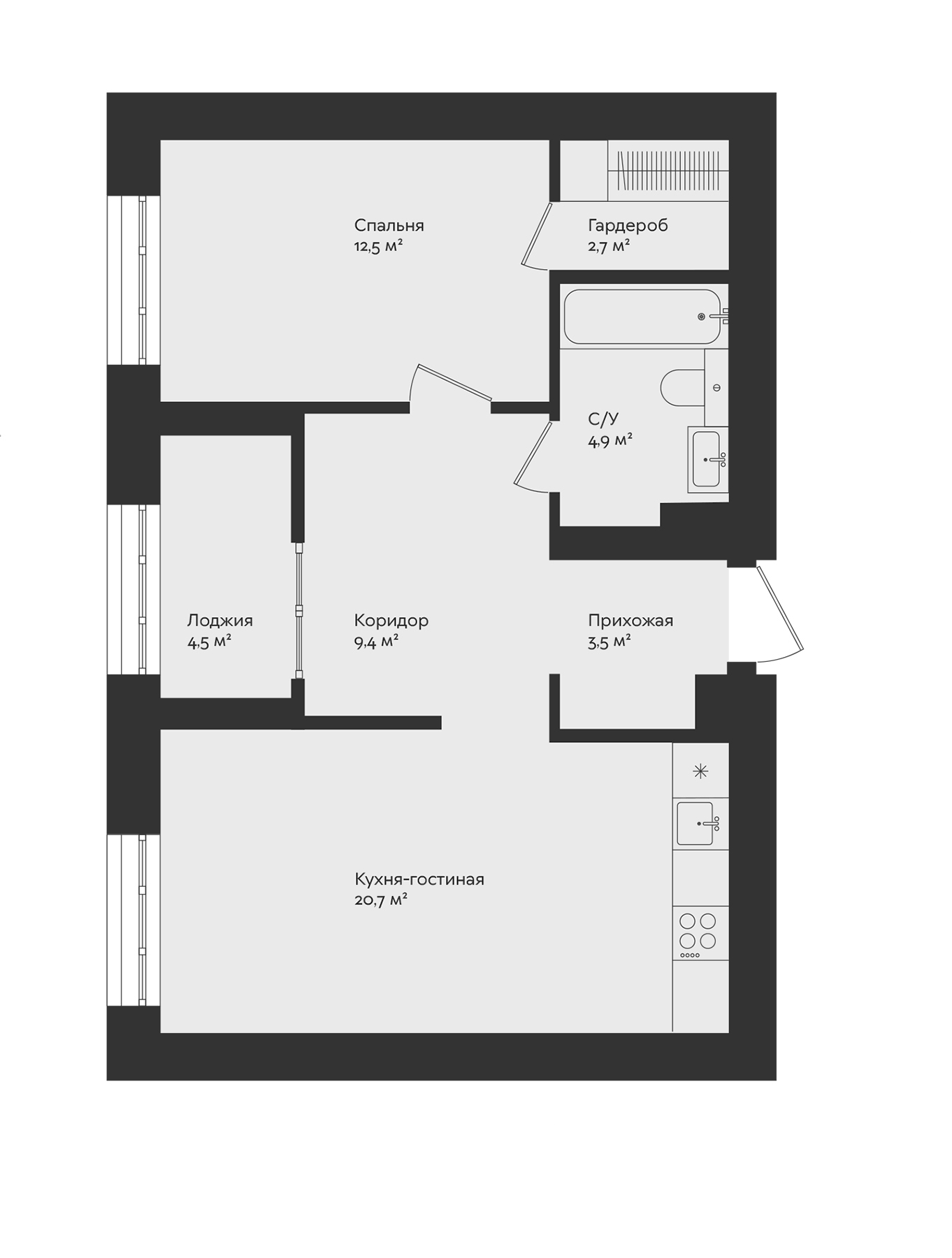 Планировка — Отдельный, 5, 1-комн., 54 м²