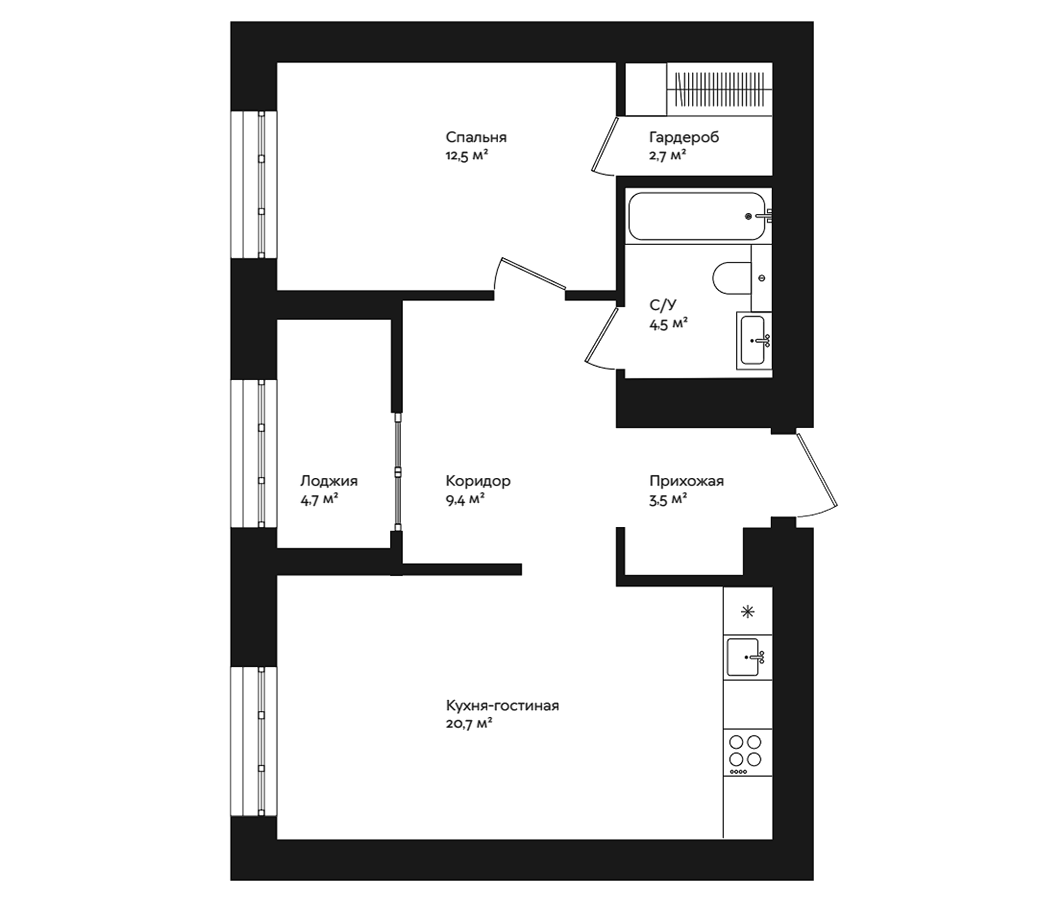 Планировка — Отдельный, 5, 1-комн., 53 м²