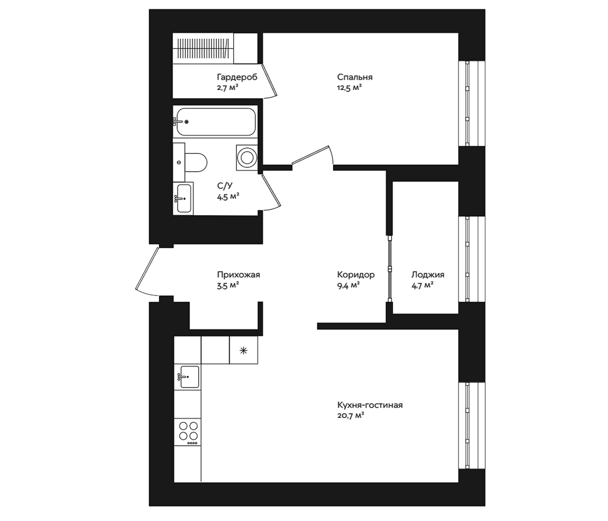 Планировка — Отдельный, 5, 1-комн., 53 м²