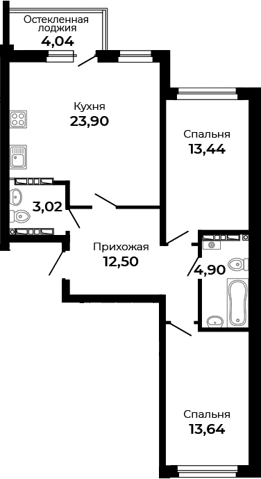 Планировка — Есенин, 2-комн., 71 м²