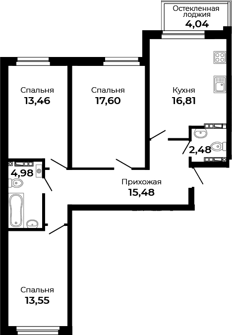 Планировка — Есенин, 3-комн., 85 м²