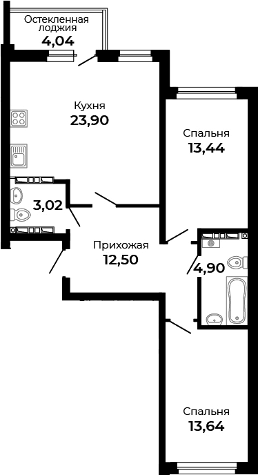 Планировка — Есенин, 2-комн., 71 м²