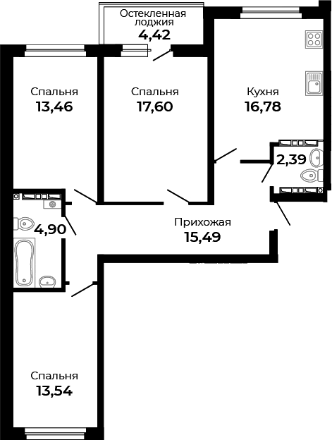 Планировка — Есенин, 3-комн., 84 м²