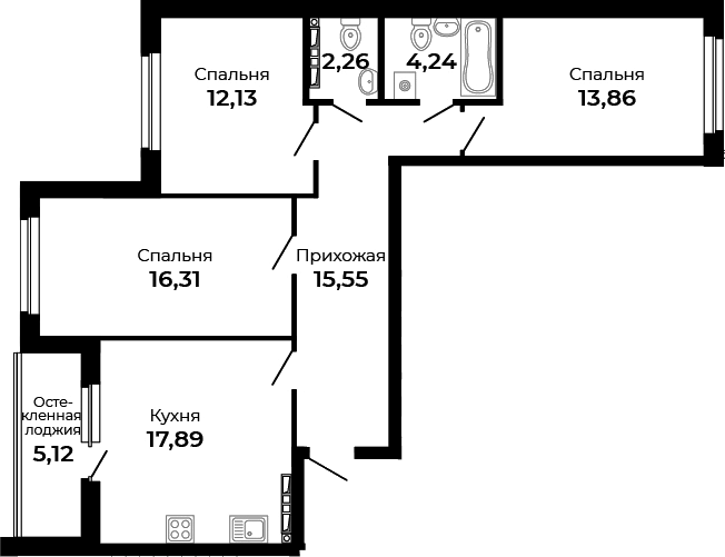 Планировка — Есенин, 3-комн., 82 м²