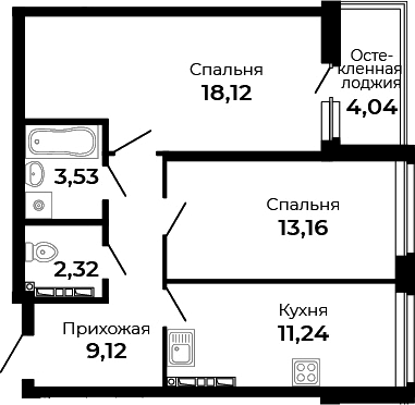Планировка — Есенин, 2-комн., 57 м²