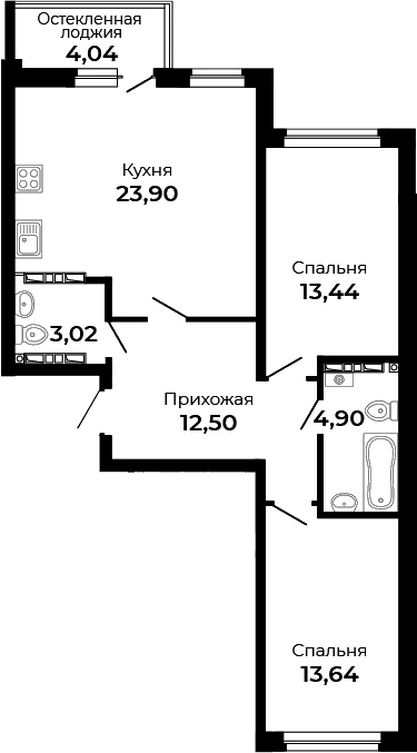 Планировка — Есенин, 2-комн., 71 м²