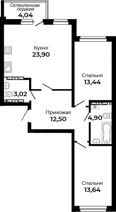 Планировка — Есенин, 2-комн., 71 м²