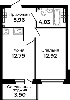 Планировка — Есенин, 1-комн., 36 м²