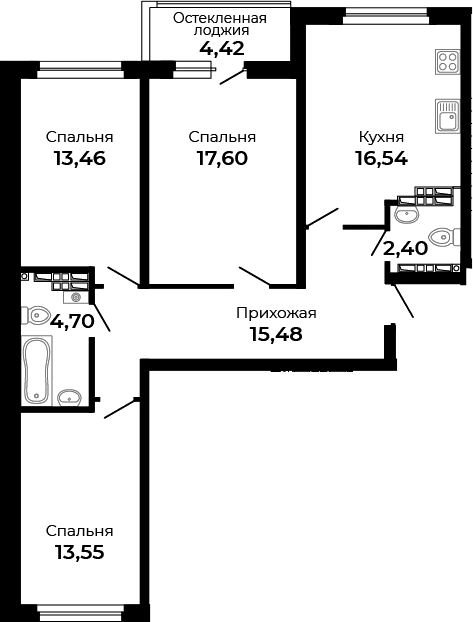 Планировка — Есенин, 3-комн., 84 м²