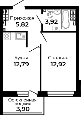 Планировка — Есенин, 1-комн., 35 м²