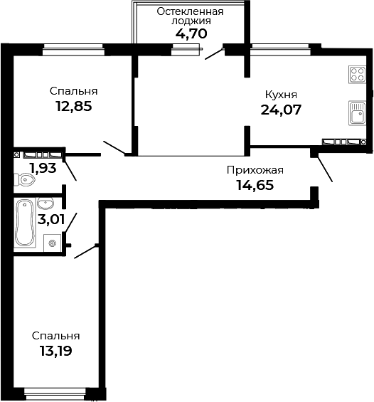 Планировка — Есенин, 2-комн., 70 м²