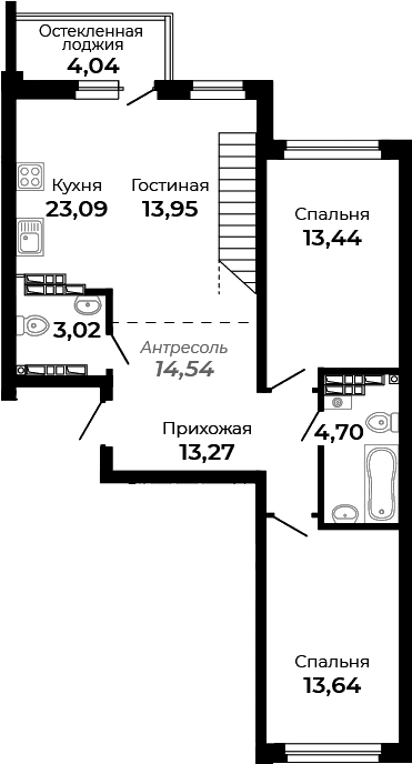 Планировка — Есенин, 2-комн., 86 м²