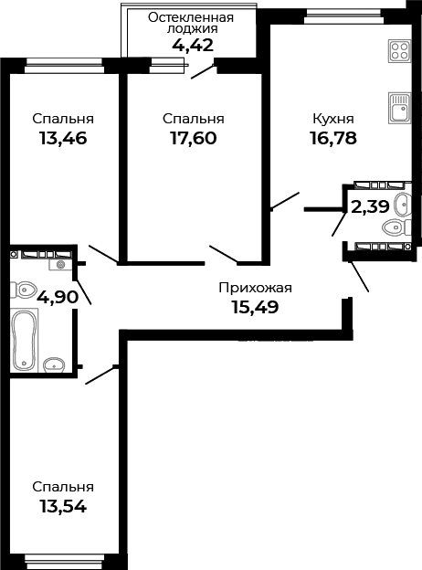 Планировка — Есенин, 3-комн., 84 м²