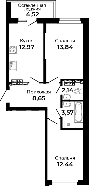 Планировка — Есенин, 2-комн., 54 м²