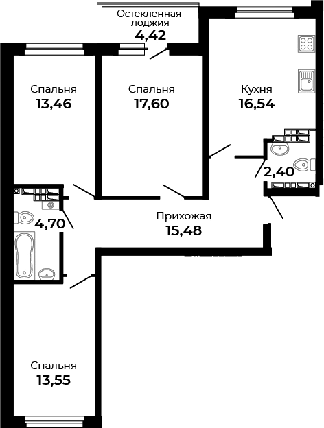 Планировка — Есенин, 3-комн., 84 м²