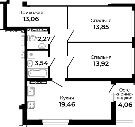 Планировка — Есенин, 2-комн., 66 м²