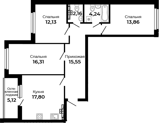 Планировка — Есенин, 3-комн., 82 м²