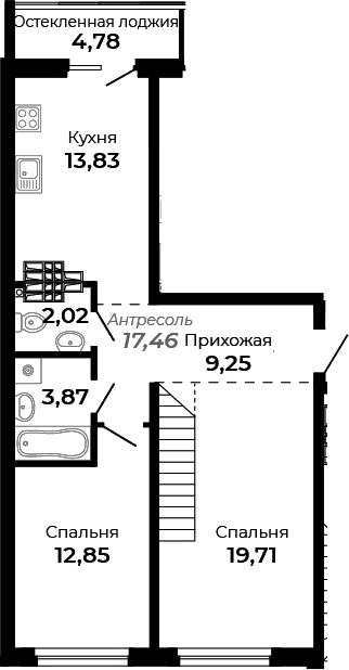 Планировка — Есенин, 2-комн., 79 м²