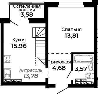 Планировка — Есенин, 1-комн., 52 м²
