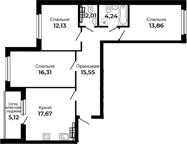 Планировка — Есенин, 3-комн., 82 м²