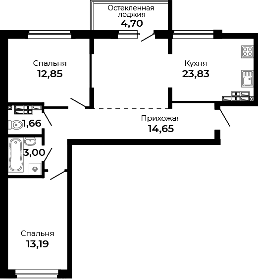 Планировка — Есенин, 2-комн., 69 м²
