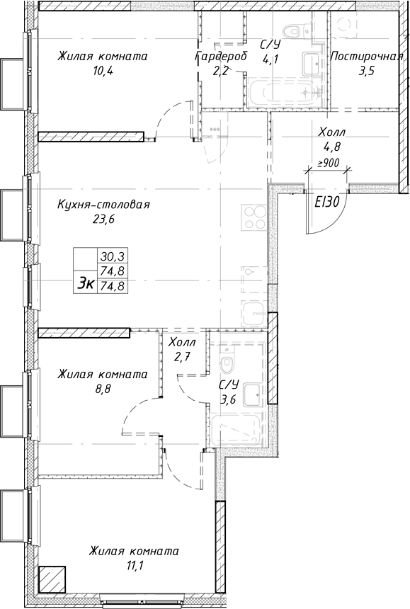 Планировка — Утес, 3-комн., 75 м²