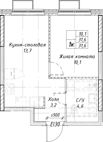 Планировка — Утес, 1-комн., 32 м²