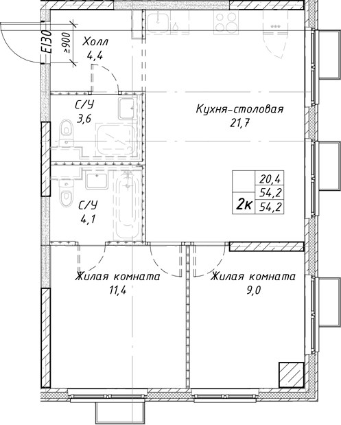 Планировка — Утес, 2-комн., 54 м²