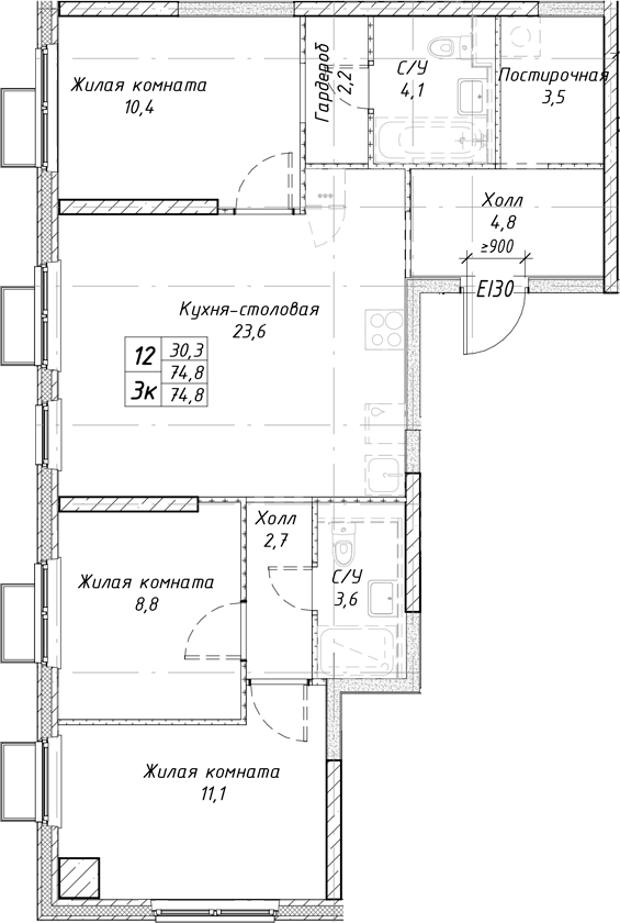 Планировка — Утес, 3-комн., 75 м²