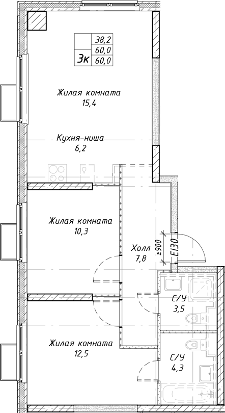 Планировка — Утес, 3-комн., 60 м²