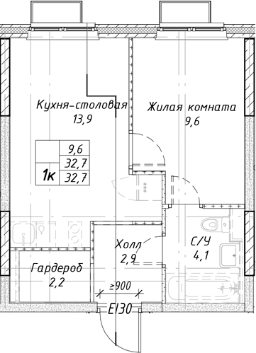 Планировка — Утес, 1-комн., 33 м²