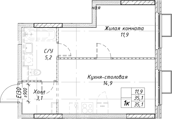Планировка — Утес, 1-комн., 35 м²