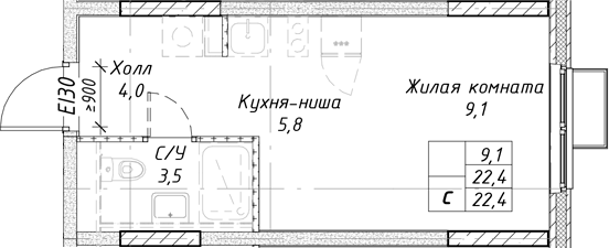 Планировка — Утес, Студия, 22 м²