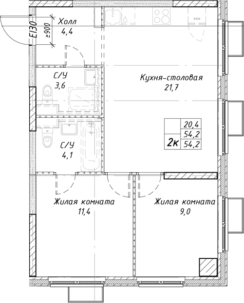 Планировка — Утес, 2-комн., 54 м²
