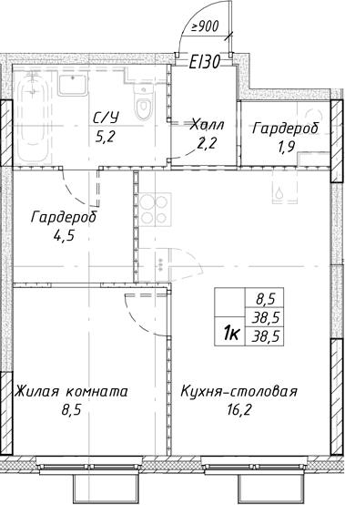 Планировка — Утес, 1-комн., 39 м²