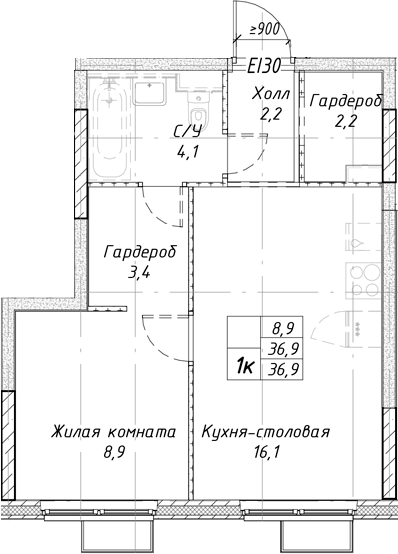 Планировка — Утес, 1-комн., 37 м²