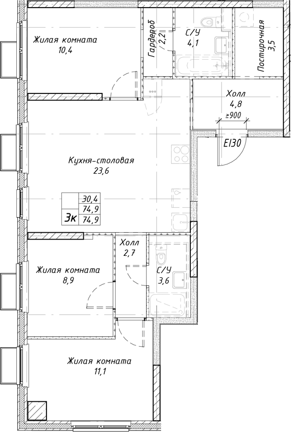 Планировка — Утес, 3-комн., 75 м²