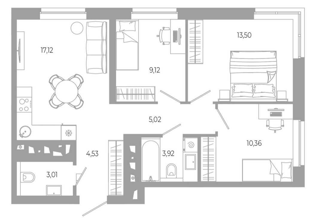 Планировка — РАЗУМ в Академическом, 3-комн., 67 м²