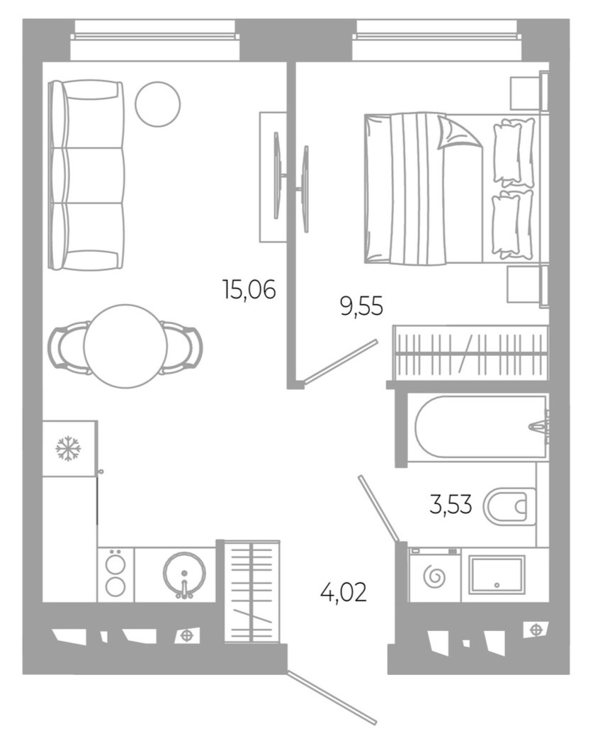 Планировка — РАЗУМ в Академическом, 1-комн., 32 м²