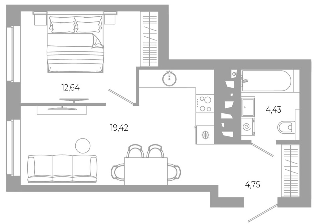 Планировка — РАЗУМ в Академическом, 1-комн., 41 м²