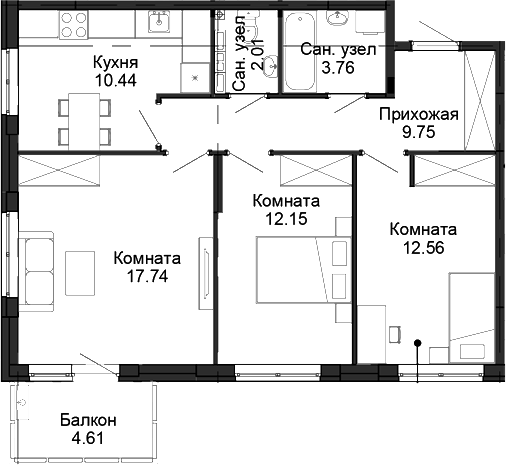 Планировка — Балтым-парк, 3-комн., 68 м²