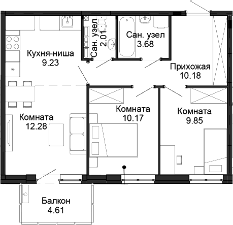 Планировка — Балтым-парк, 3-комн., 57 м²