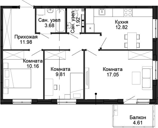 Планировка — Балтым-парк, 3-комн., 67 м²