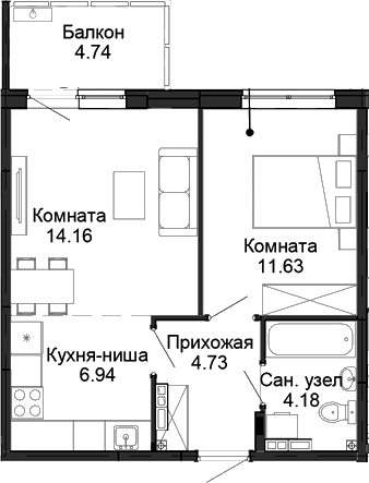 Планировка — Балтым-парк, 2-комн., 42 м²