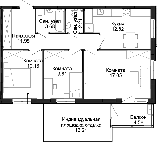 Планировка — Балтым-парк, 3-комн., 68 м²